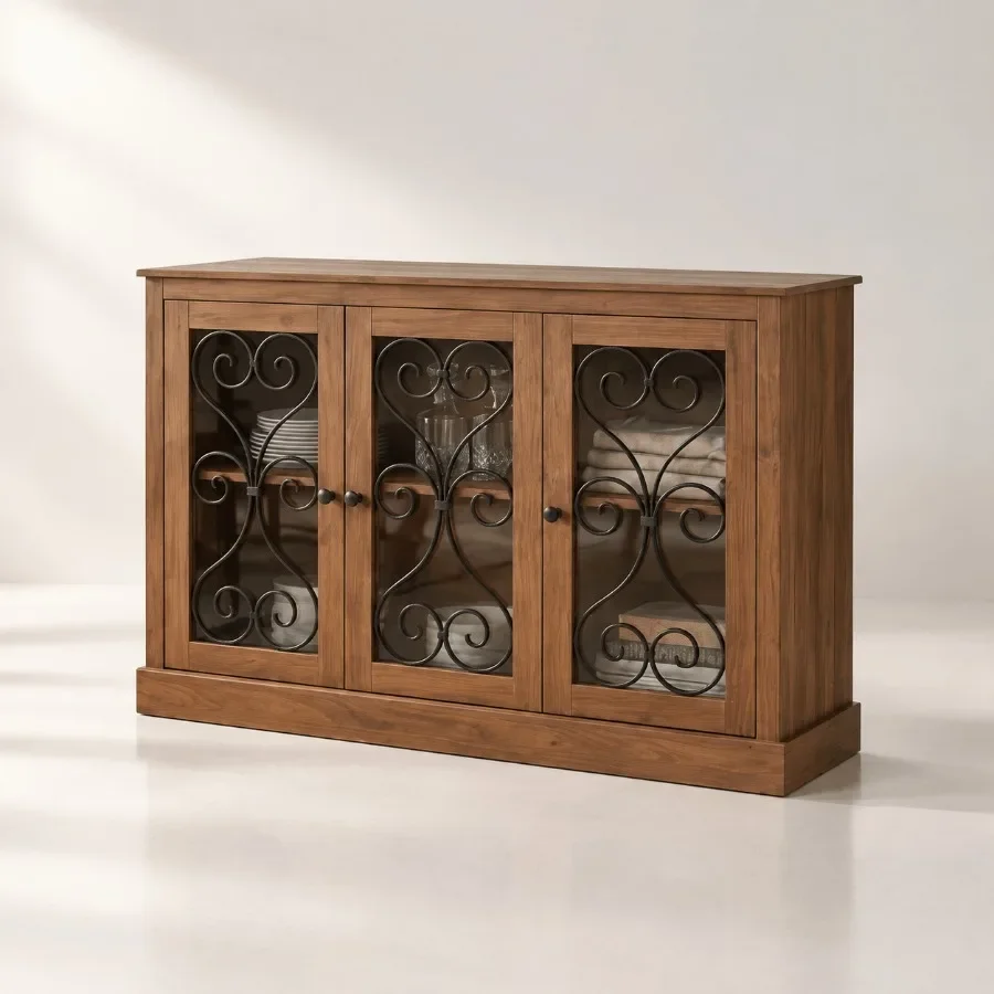 Storage Cabinet with Glass Doors 47 Sideboard Cabinet with Metal Scroll Design, Walnut Wood Finish, for Kitchen, Entryway Dinin
