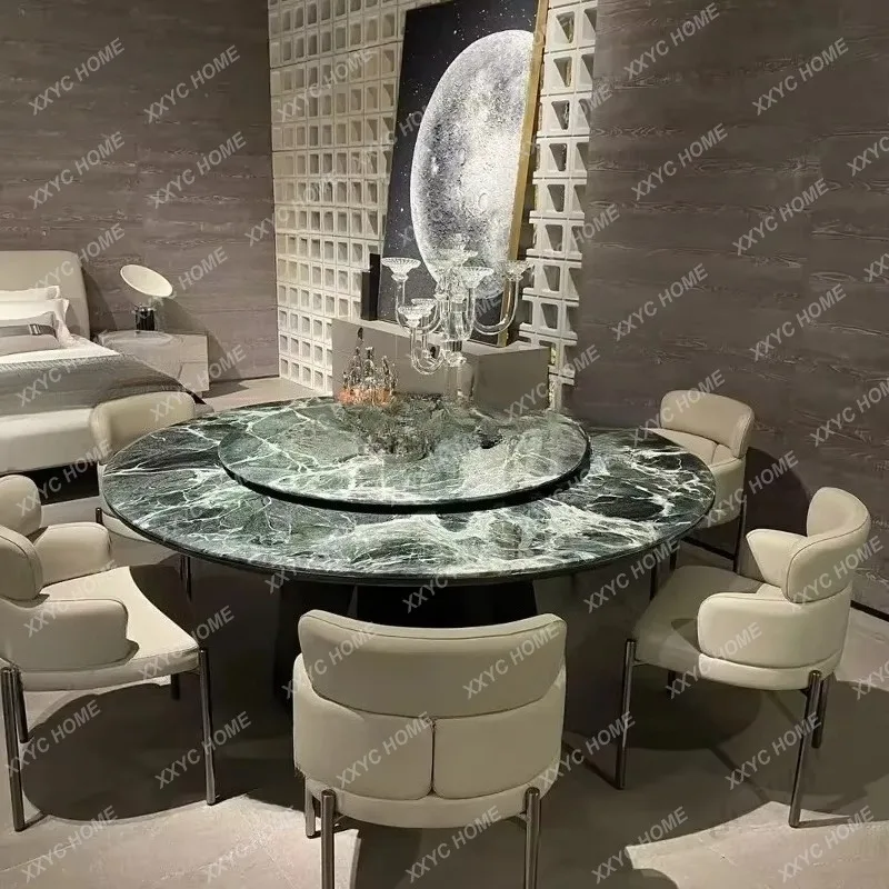 XXNatural marble round table  light luxury high-end with turntable round flower green luxury stone dining table