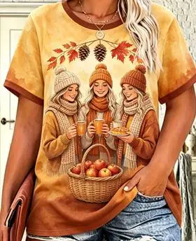 Women Autumn Fall Short Sleeve T‑Shirt,Friend Girls Maple Leaf Apple Basket Print Crew Neck Casual Tee Daily Wear Tops