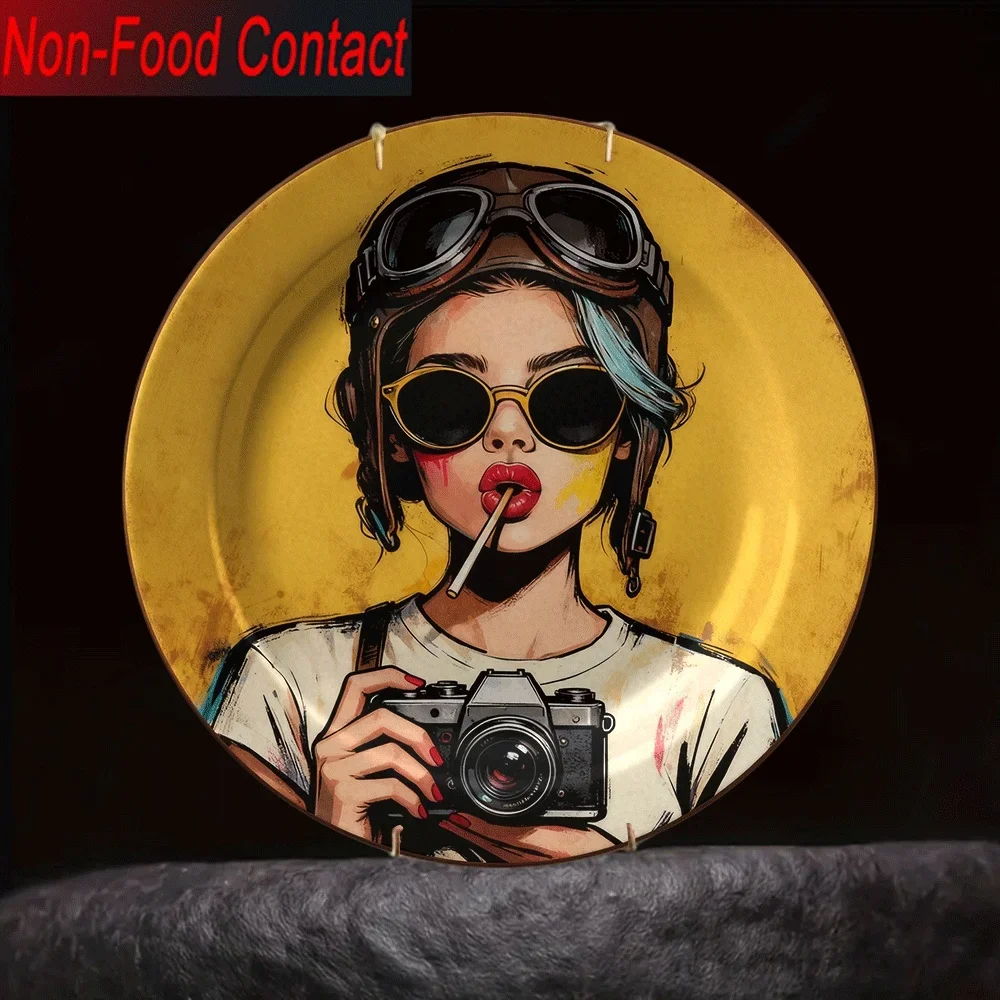 2D Flat, 1pc Vintage Pilot Girl Ceramic Decorative Plate - Non-Food Contact Safe, Classic Style Wall Art for Home, Cafe,
