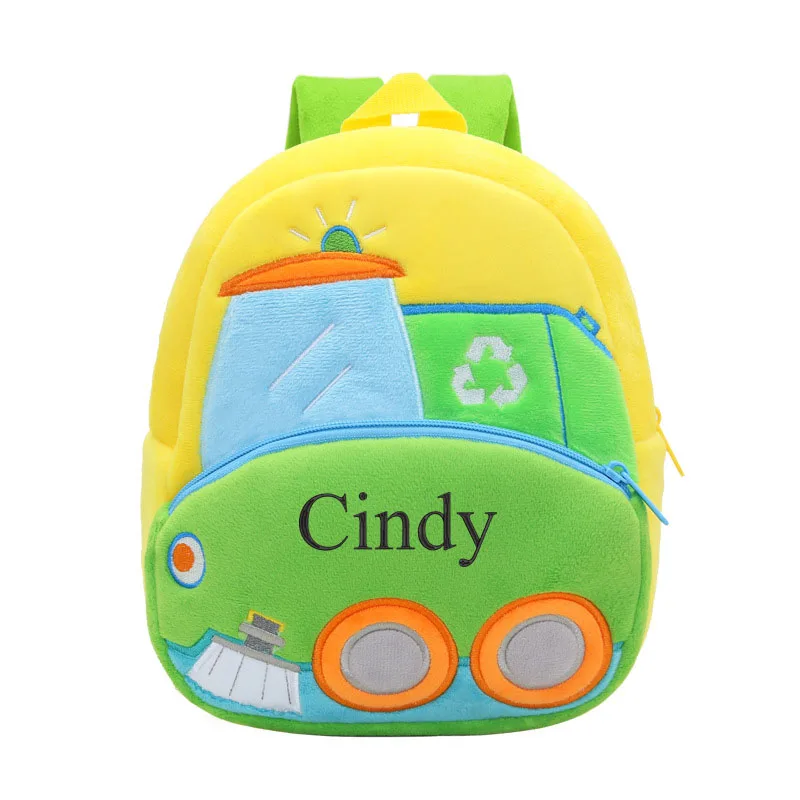 Mochilas escolares con dibujos animados en 3D para niños, mochilas de felpa con nombre personalizado para guardería, camiones y coches