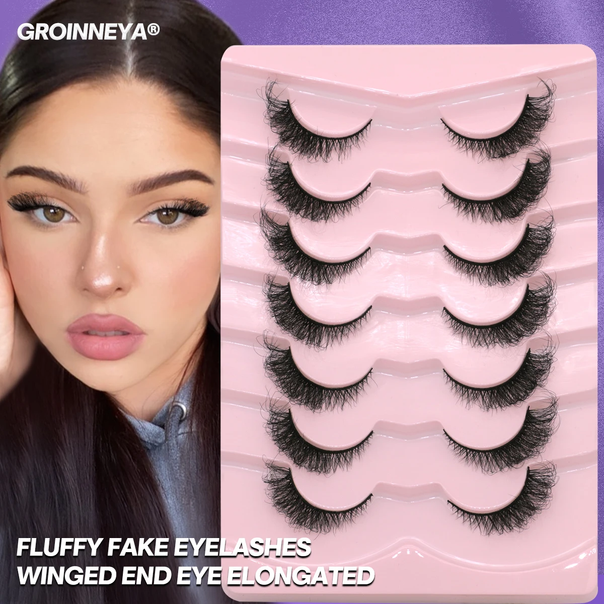 GROINNEYA Cat Eye Lashes Fluffy Volume Mink False Eyelashes Winged End Eye Elongated Eyelashes 3D Mink Lashes Thick Fake Eyelash