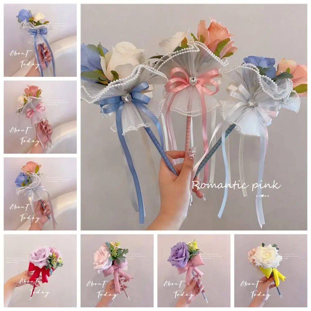 1 Pcs Handmade Super Beautiful Super Fairy Simulation Flower Rose Bow Signature Personality Practical High-End Ballpoint Pen