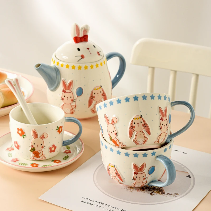 Ceramic Animal Embossed Teapot Water Pitcher Coffee Cup Saucer Milk Mug Tea Cup Relief Rabbit Design Spoon Drinkware Jug