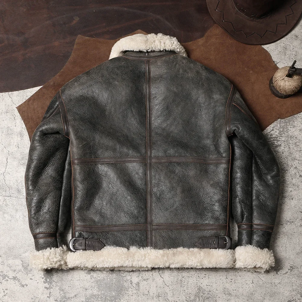 Original Ecological B3 Sheepskin Fur Integrated American Retro Flying Suit Leather Jacket Winter Warm Motorcycle Fur Jacket