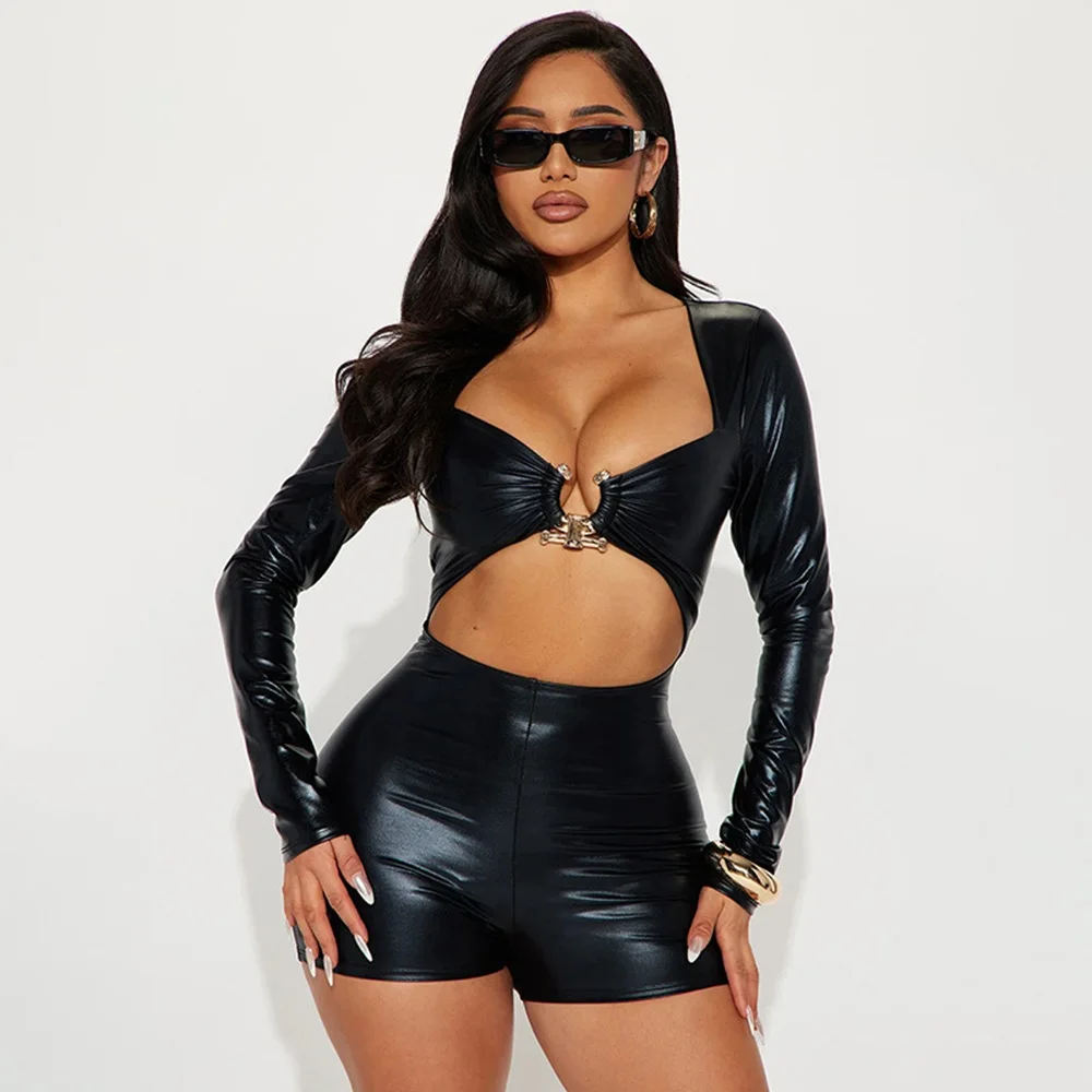 

Metal Buckle Hollow Out Skinny PU Leather Playsuits Women Sexy Low Neck Long Sleeve Slim Shorts Rompers Y2K Clubwear Overalls
