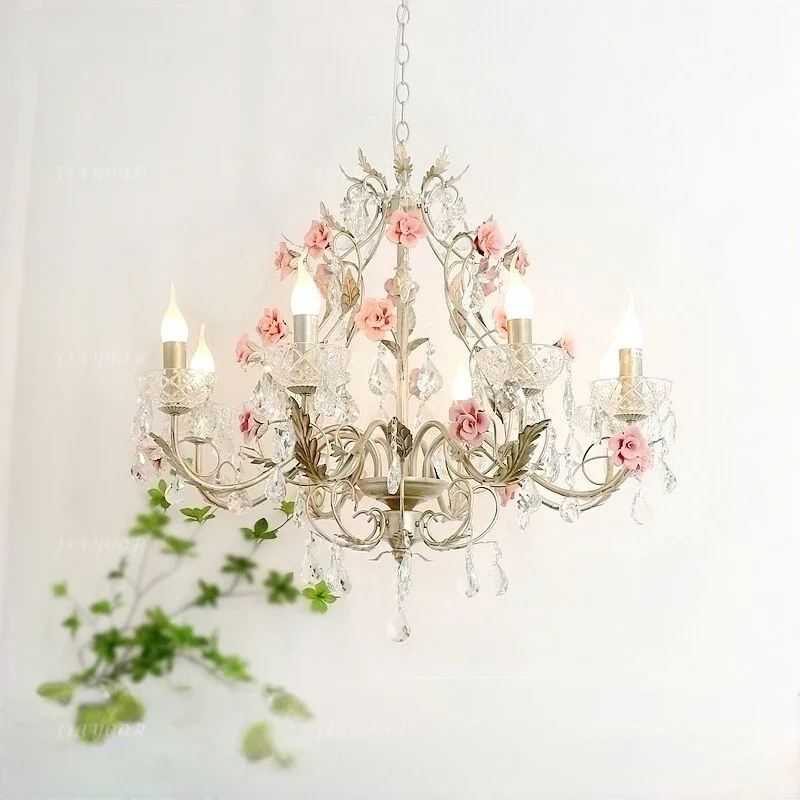 

French Countryside Home Decoration Living Room LED Crystal Chandelier Retro Bedroom Dining Room Flower Lighting Fixtures