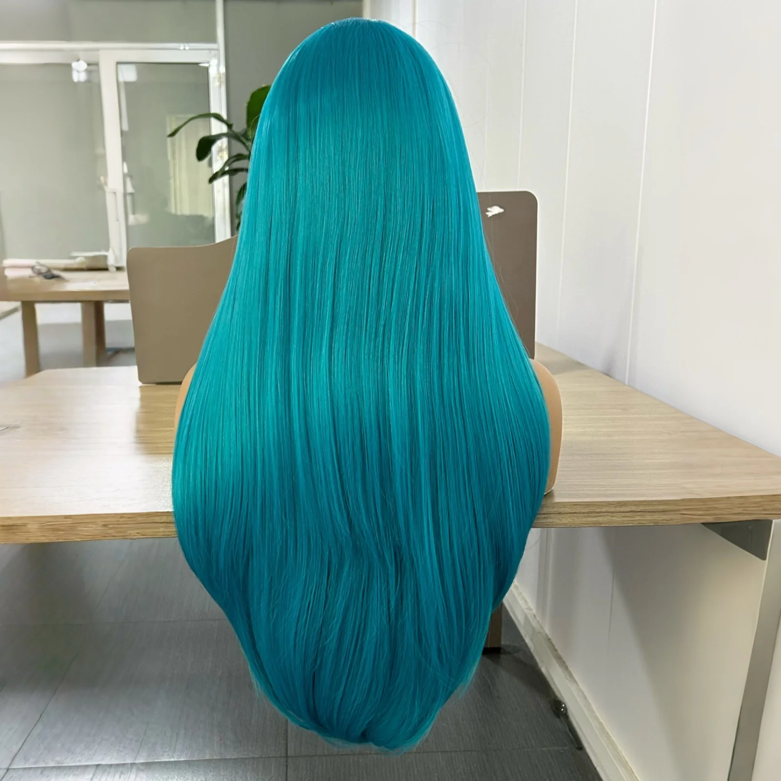 Long Wavy Blue Synthetic Lace Front Wigs for Women Free Part Teal Green Colored Natural Straight Wave 13X4 Cosplay Party Daily image 5