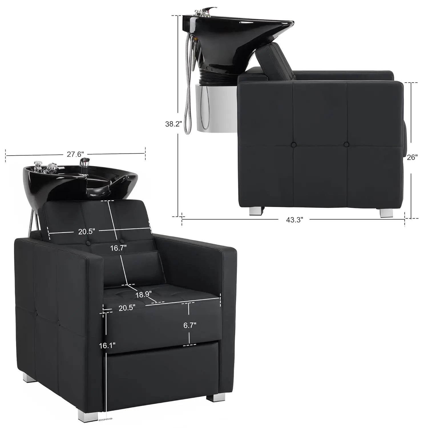 Adjus Backwash Shampoo Station Chair with Porcelain Ceramic Hair Wash Bowl Vacuum Breaker Professional for Salon