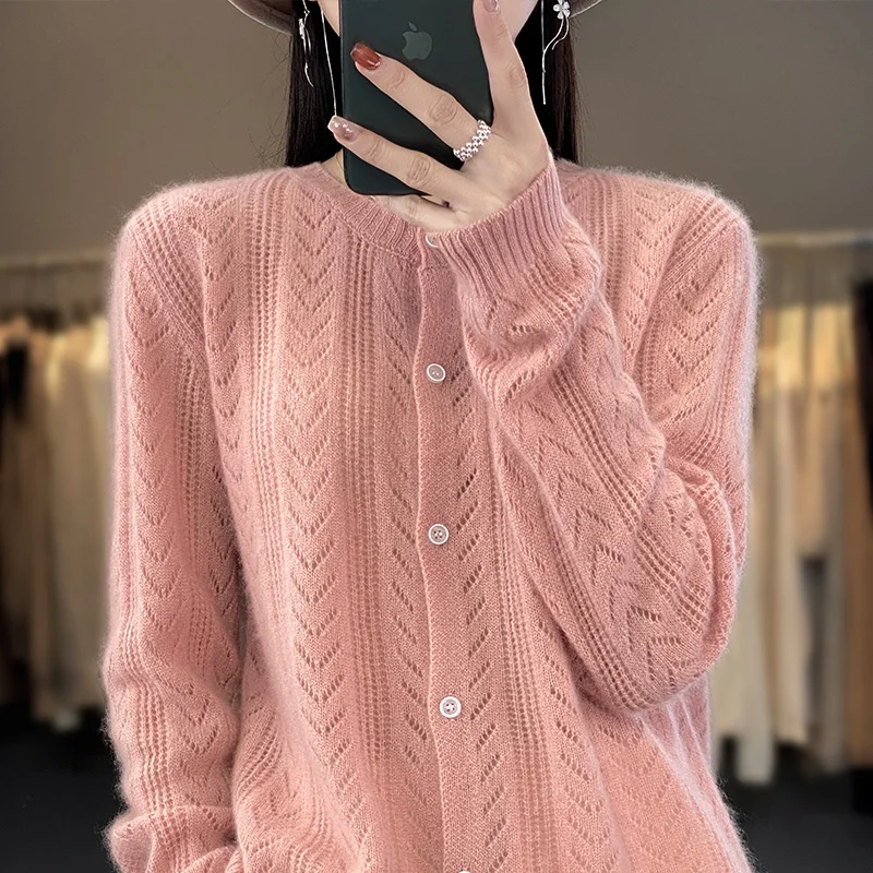 100% Pure Wool Cashmere Cardigan For Women\'s O-Neck Wishbone Garment Top Casual Knit Loose Fitting Korean Version Female Jacket