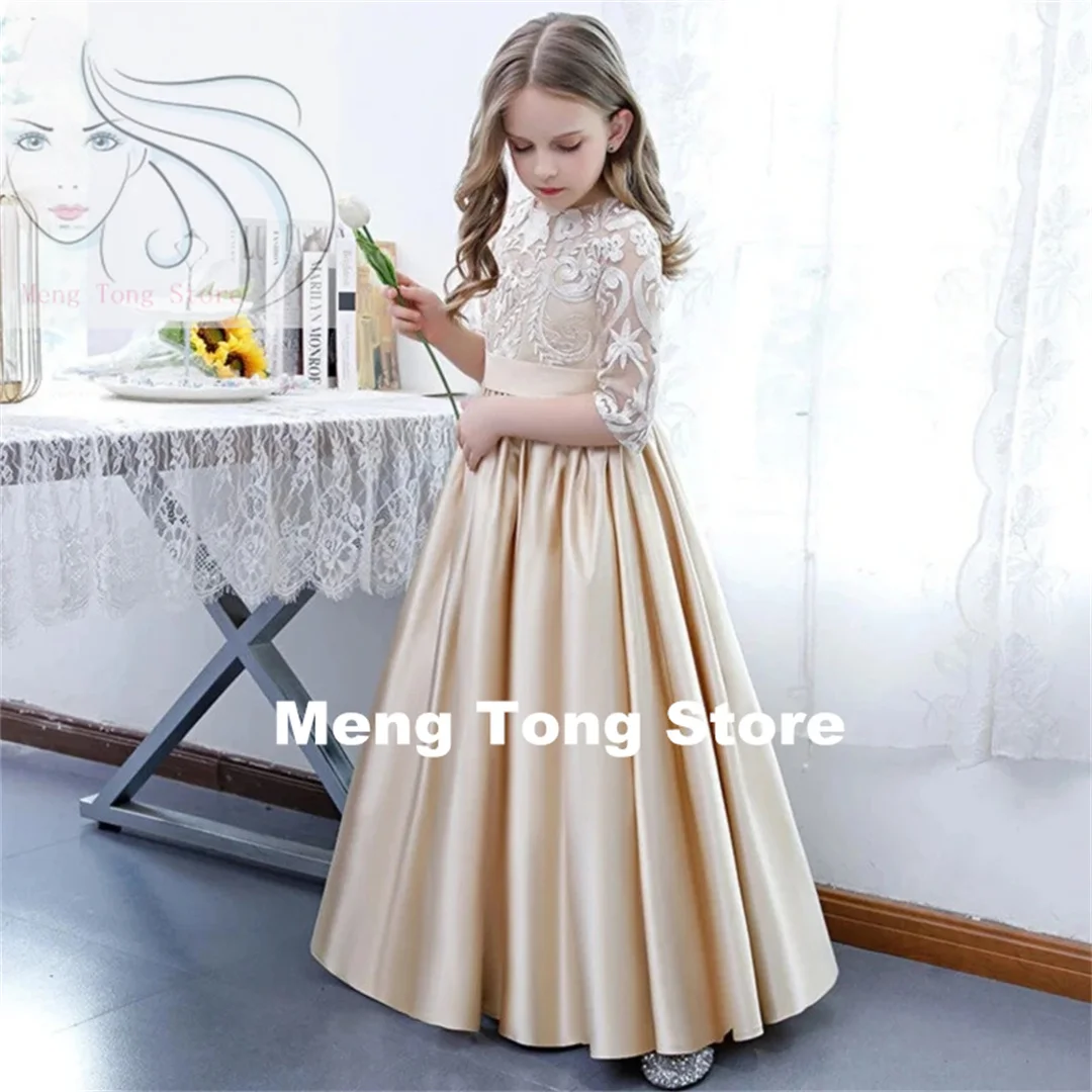 Flower Girl Dresses Champagne Satin White Flory Pattern Half Sleeve For Wedding Birthday Party Banquet Princess Gowns