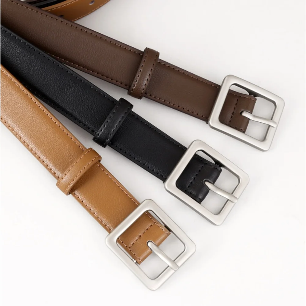 

Women Fashion Belt Genuine Leather Silver Color Buckle Aajustable Belt Simple and Versatile Waistbelt Accessories
