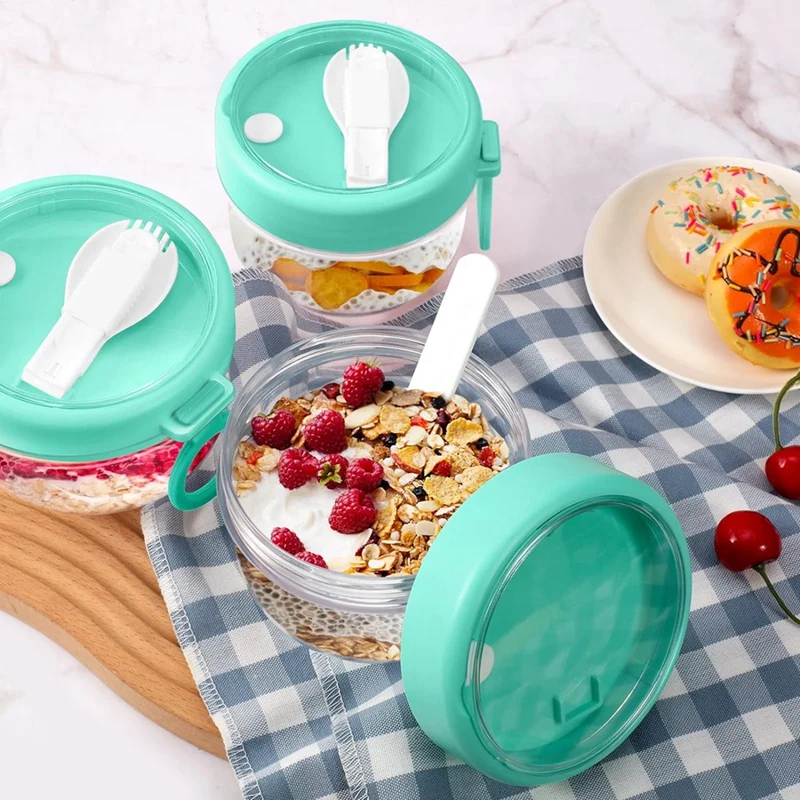 ภาชนะข้าวโอ๊ตค้างคืน 4 ชิ้นพร้อมฝาปิดและช้อนภาชนะข้าวโอ๊ตสําหรับนมผลไม้