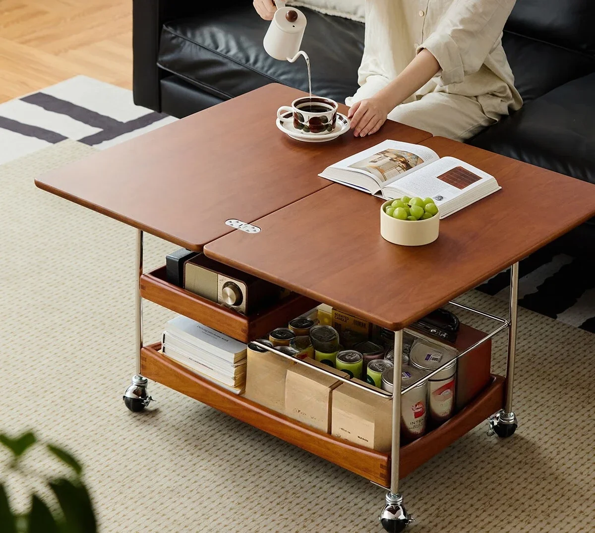

Solid wood coffee table household living room trolley antique small apartment movable