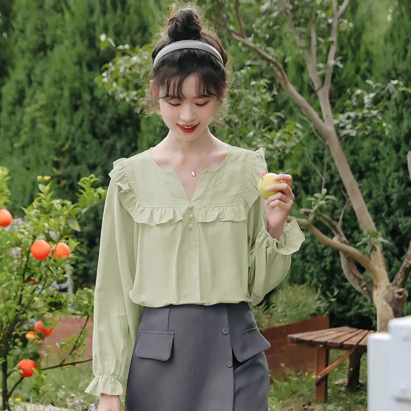 

Long Sleeve Shirts Womens Cotton Button Down Slim Fit Turn Down Collars French Feminine Romantic Elegant Preppy Youthful Spring