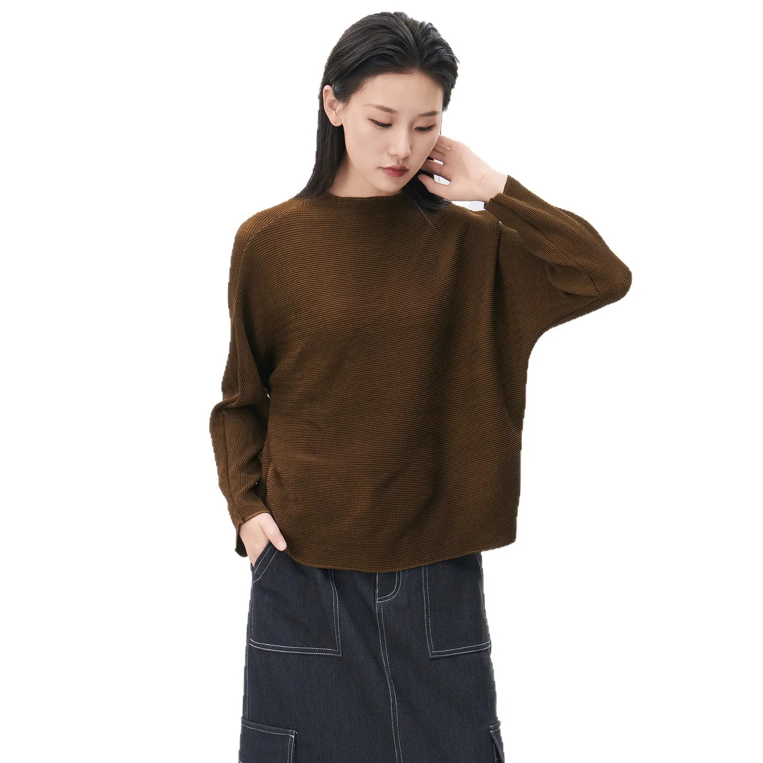 Miyake Fold 2025, herfst/winter dames T-shirt met lange mouwen, damesmode, losse grote effen kleur, veelzijdige mode-top herfst