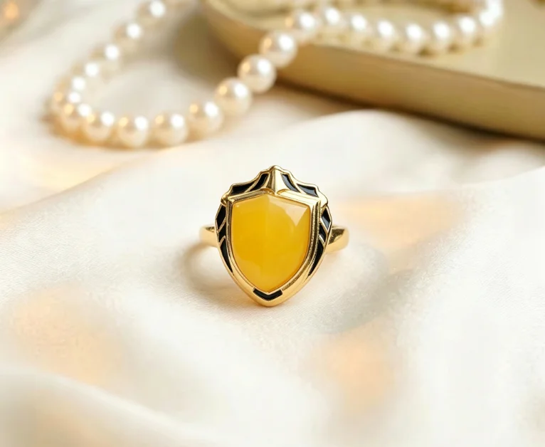 Certificate 925 Silver Natural  Yellow Amber ShieldShape Finger Band Genderless Vintage Black Gold European Style Rings Jewelry