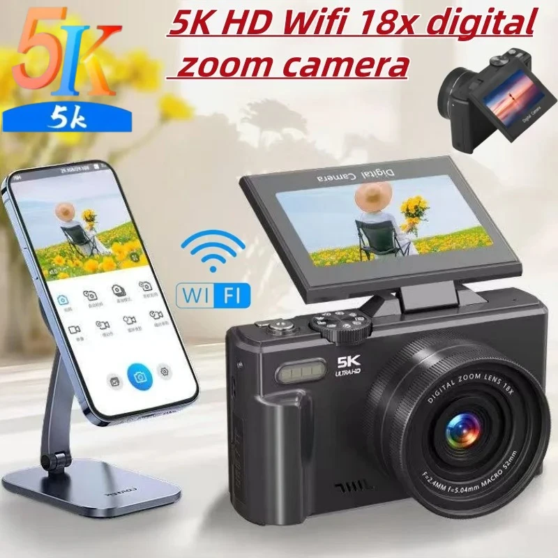 

Цифровая камера 5K 75 МП с 3-дюймовым экраном и поворотом на 180° ° Камера для видеоблогинга с откидным экраном и Wi-Fi, 18-кратным зумом, HD-видеозаписью, винтажный дизайн, для YouTube и селфи