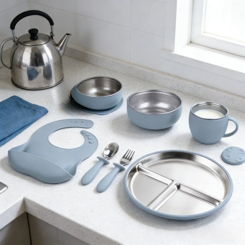 

New Silicone 304 Stainless Steel Dinner Plate with Suction Cup Set Children's Feeding Tableware Set