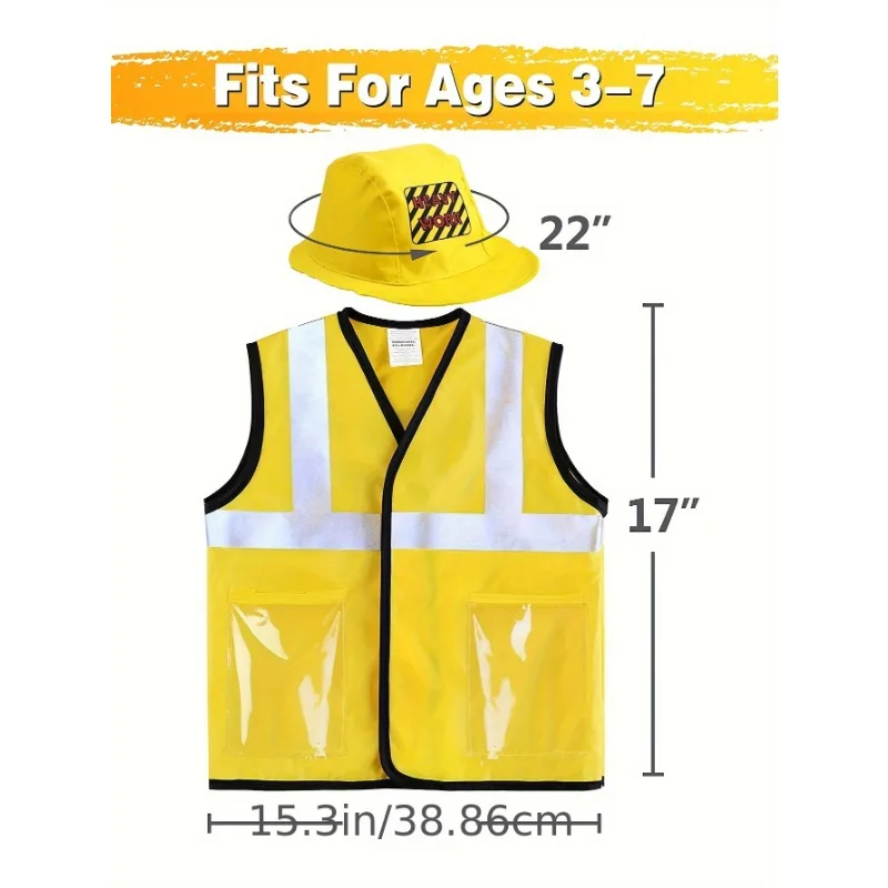 Toddler Construction Worker Vest Costume, Worker 5 Piece Playset, Yellow Reflective Vest with Tools, Party Dress Up