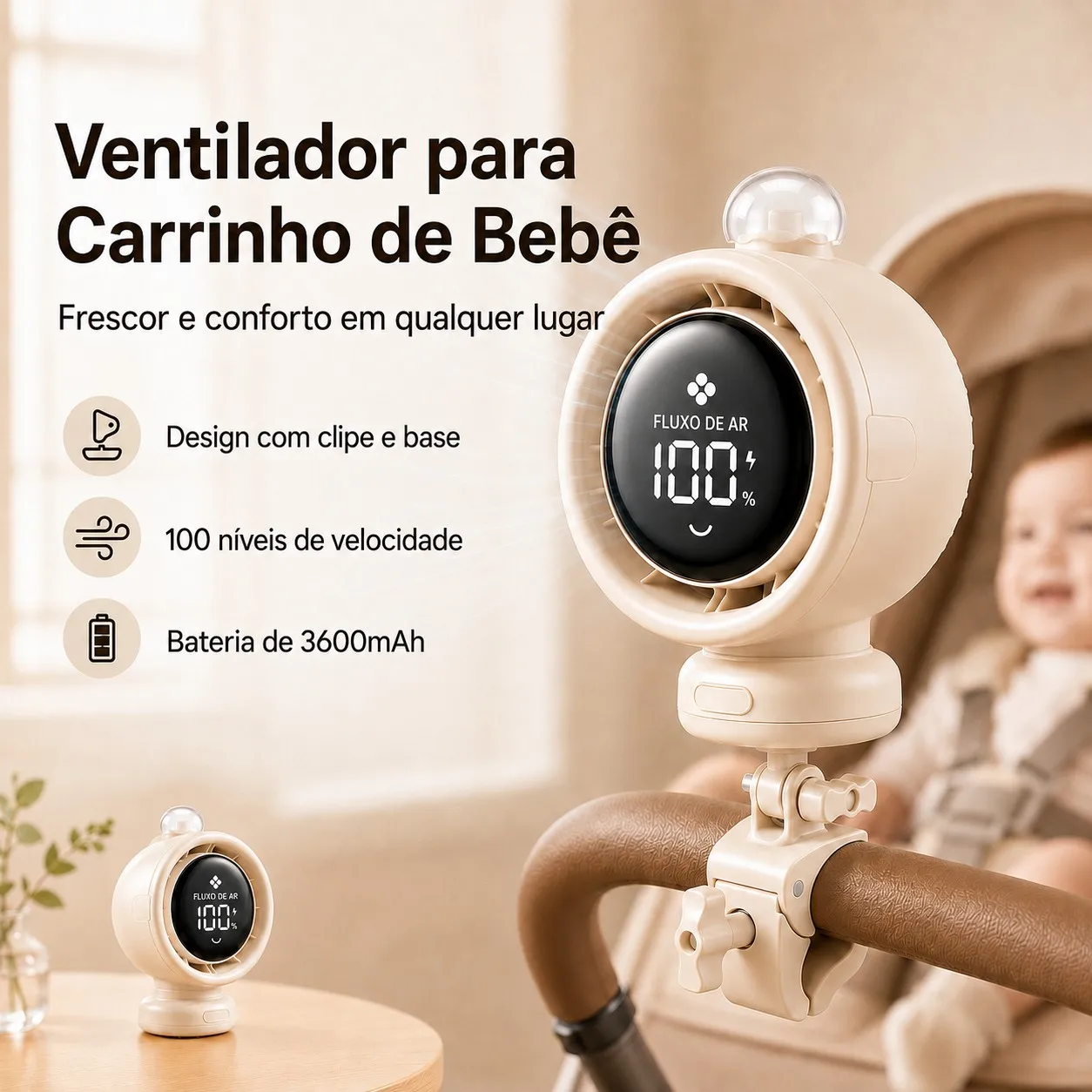 Novo Ventilador Portátil para Carrinho de Bebê 2026 com Oscilação, 100 Velocidades, Silencioso, Mini Ventilador de Clipe, Bateria de 10H, USB-C para Assento de Carro, Berço e Viagem