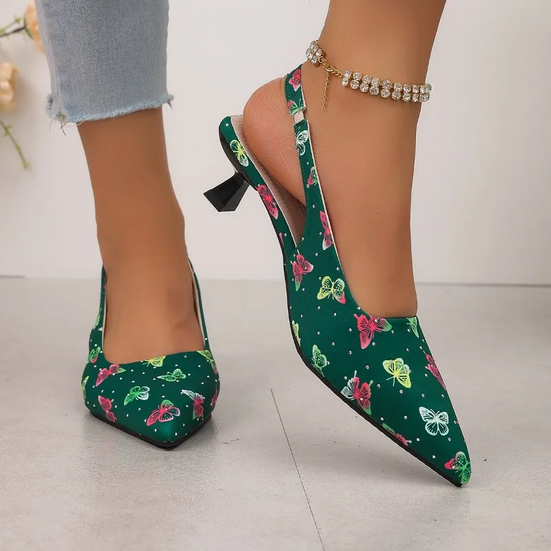 Vintage High Heel Women Sandals Fashion Pointed Toe Singbacks Mules Shoes Summer Elegant Butterfly-knot Dress Sandalias_vogvips.com