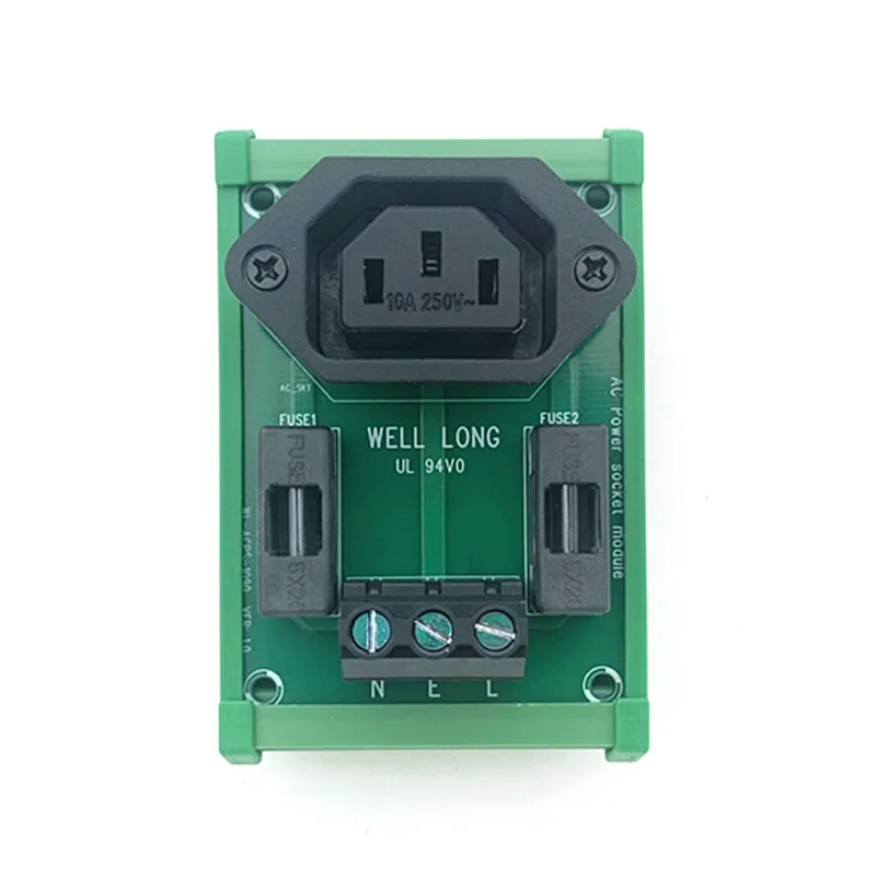 DIN Rail Mount AC 250V 10A C13 Receptacle Outlet Power Module, with Dual 6.3Amp Fuse Protection