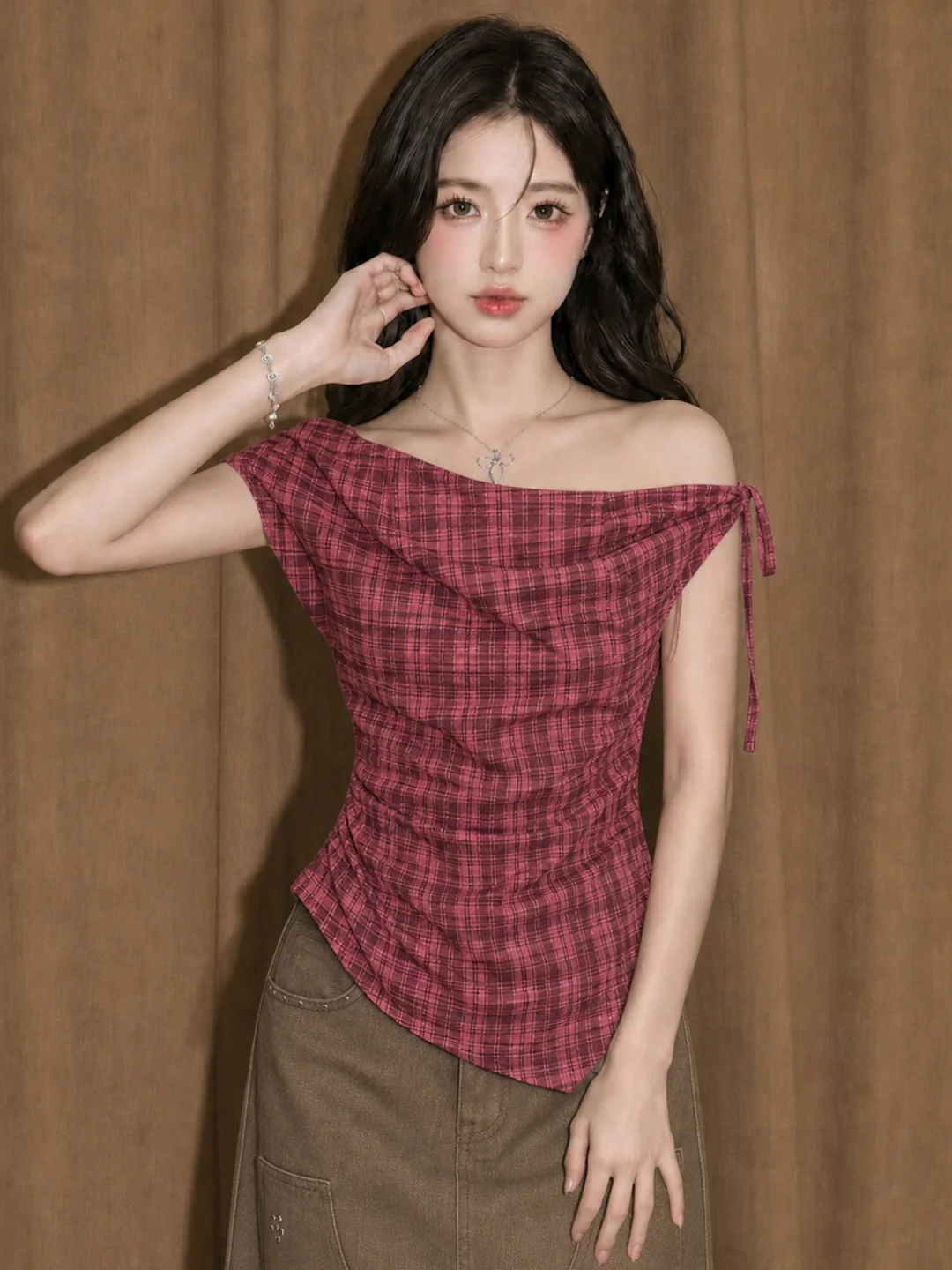 Red Plaid Asymmetrical Drawstring Short Sleeve Women's Shirt Summer Design Slimming Top Trendy Korean Style Breathable Skin-F...