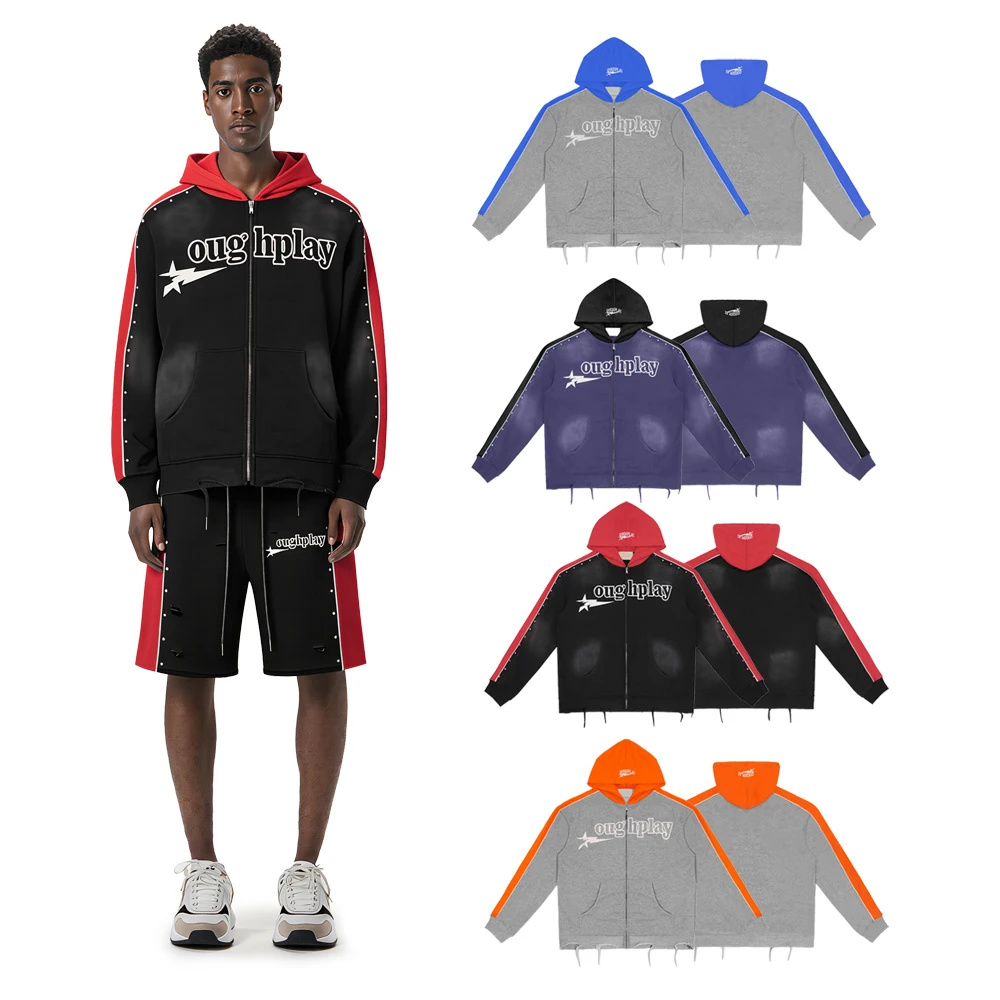 Y2k Streetwear Zip Up Hoodies with Rhinestones Hiphop Street Style Cotton Distressed Print Patchwork Sleeves Casual Hoodies Mens