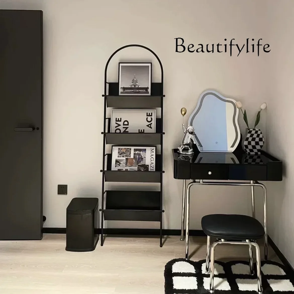 X36 Black Medieval Magazine Rack, Newspaper Rack, Floor-to-ceiling Wrought Iron Wall Shelf, Living Room Book Ornament Display Ra