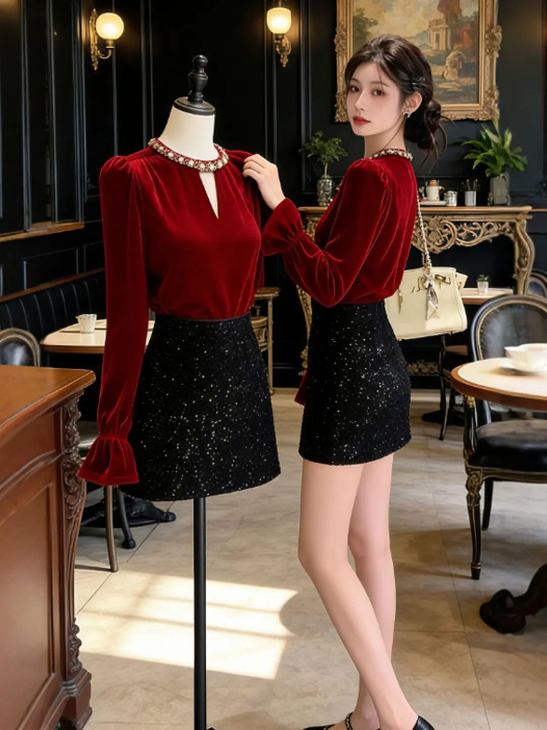 

Комплект из красной бархатной блузки и юбки: элегантный костюм-двойка премиум-класса для молодых женщин, удобный, в корейском стиле, зимняя мода