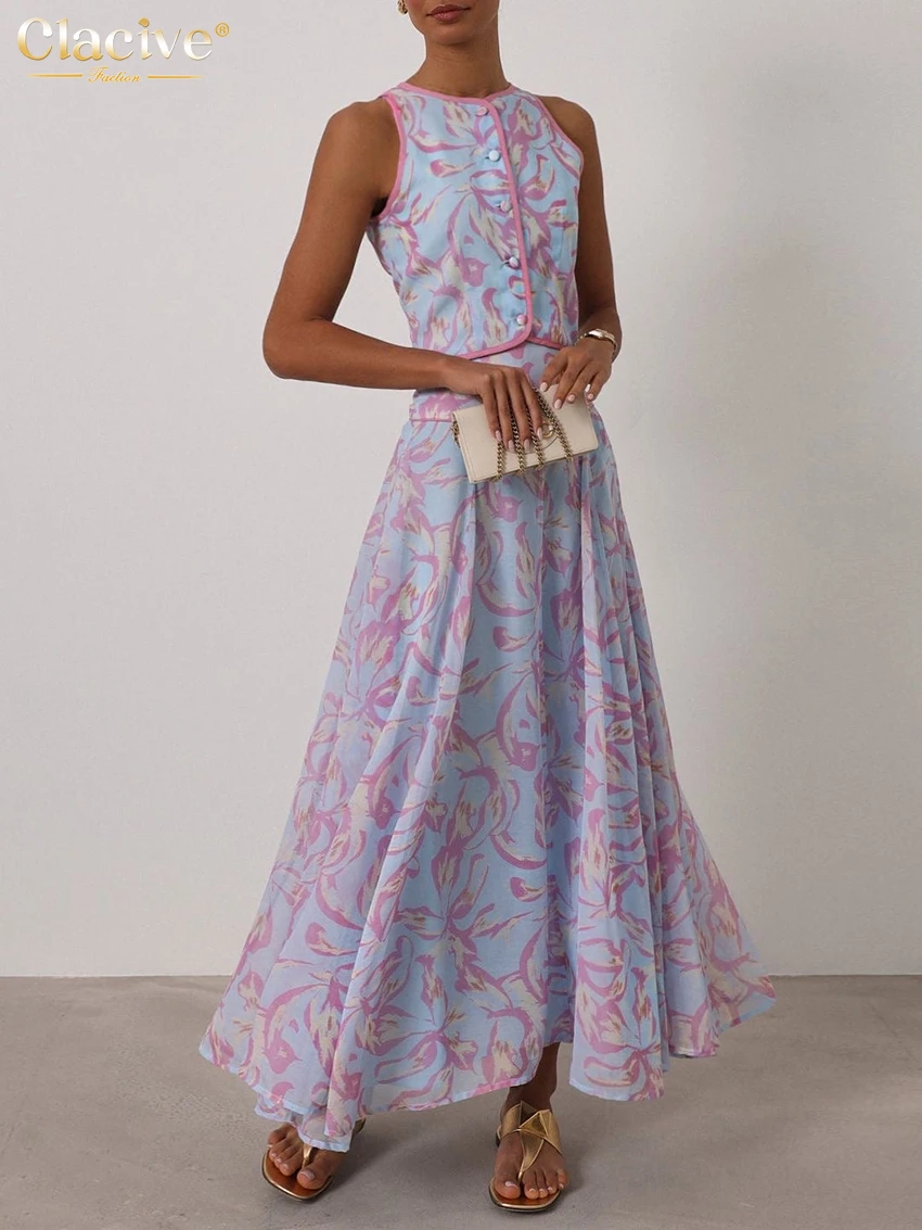 Clacive Summer Loose Print 2 Piece Set Women Fashion Sleeveless Tank Top With High Waist Pleated Long Skirt Set Female Clothing image 2