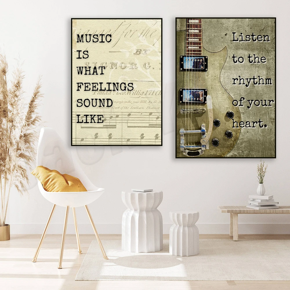 Music is its sound quote poster, vintage guitar listen to your heartbeat print, wall art, music room decor