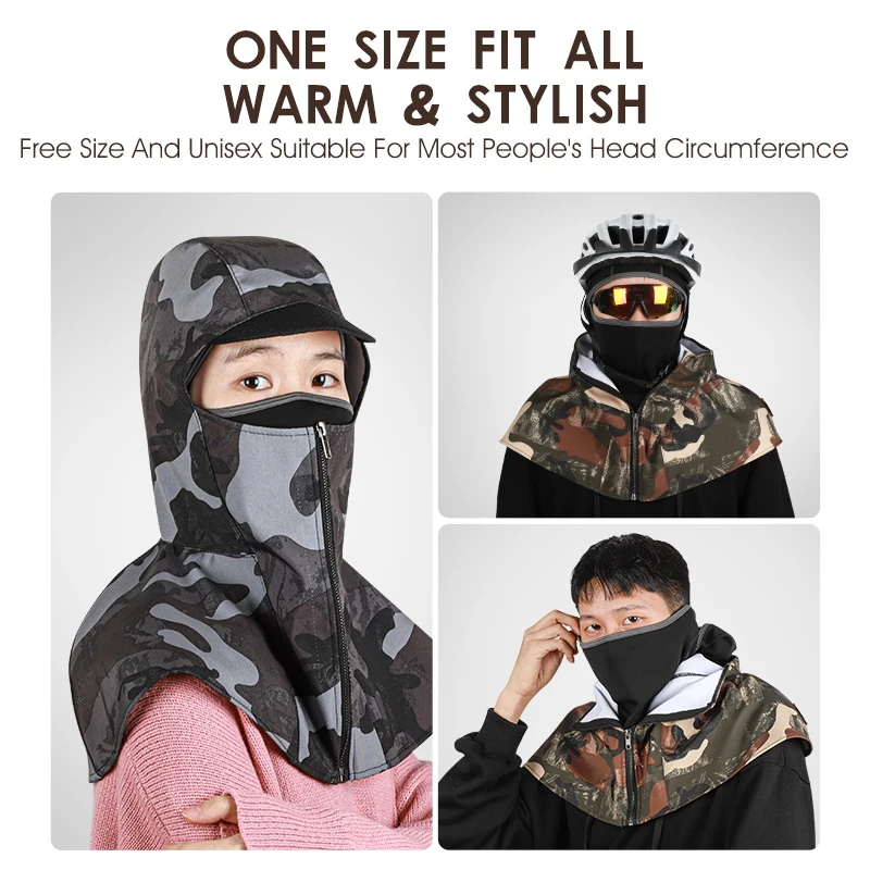 WEST BIKING Warm Winter Camouflage Balaclava Waterproof Shawl 2 In 1 Cycling Caps Motorcycle Windproof Zipper Closure Long Hoods