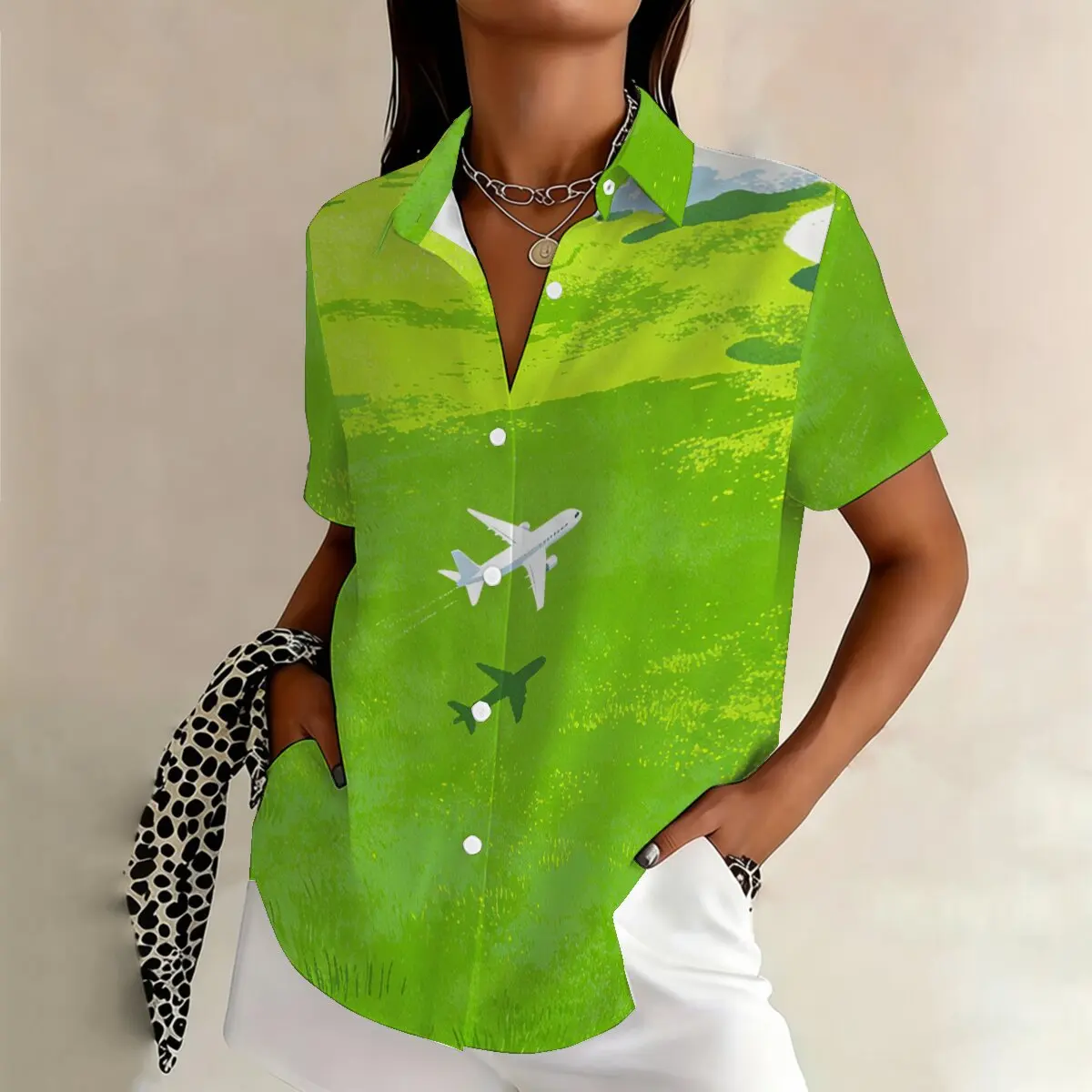 

Женская летняя рубашка больших размеров с отложным воротником и принтом «Самолеты и поля», идеально подходит для путешествий, прогулок, встреч и поездок на работу
