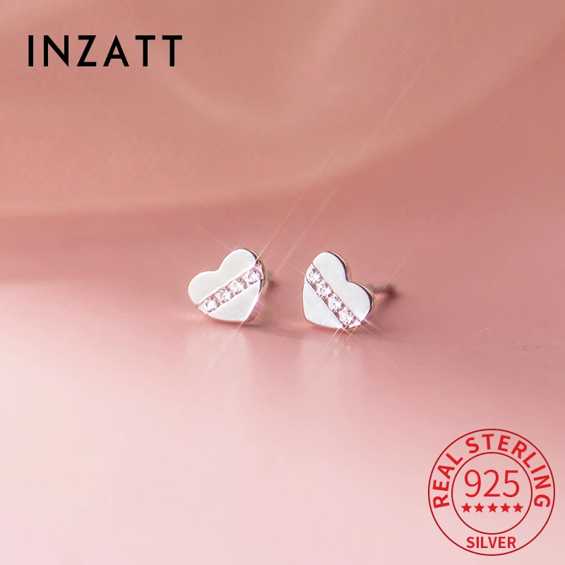 

INZATT Real 925 Sterling Silver Zircon Heart Mini Stud Earrings for Women Cute Fine Jewelry Light Luxury Accessories
