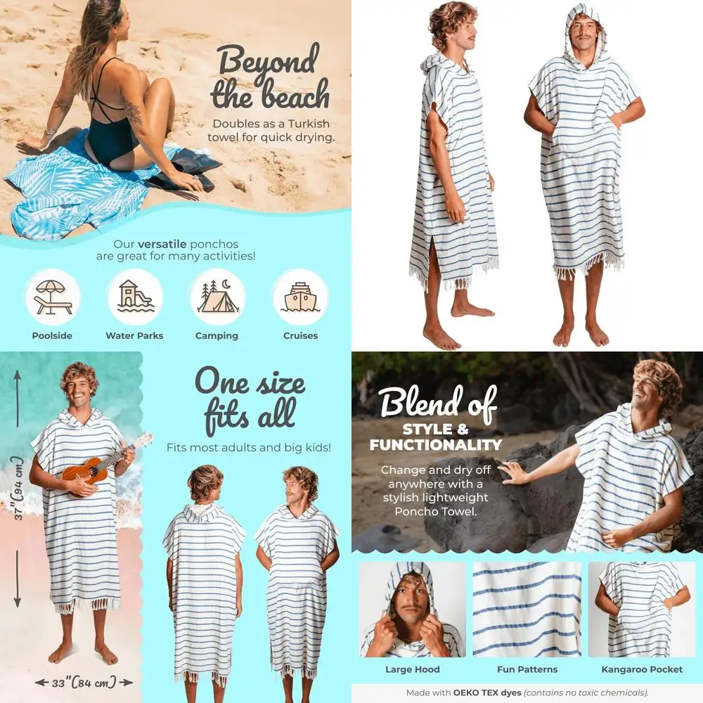 

Large Hooded Beach Towel - Striped Cotton Surf Poncho for Adults (33x44)