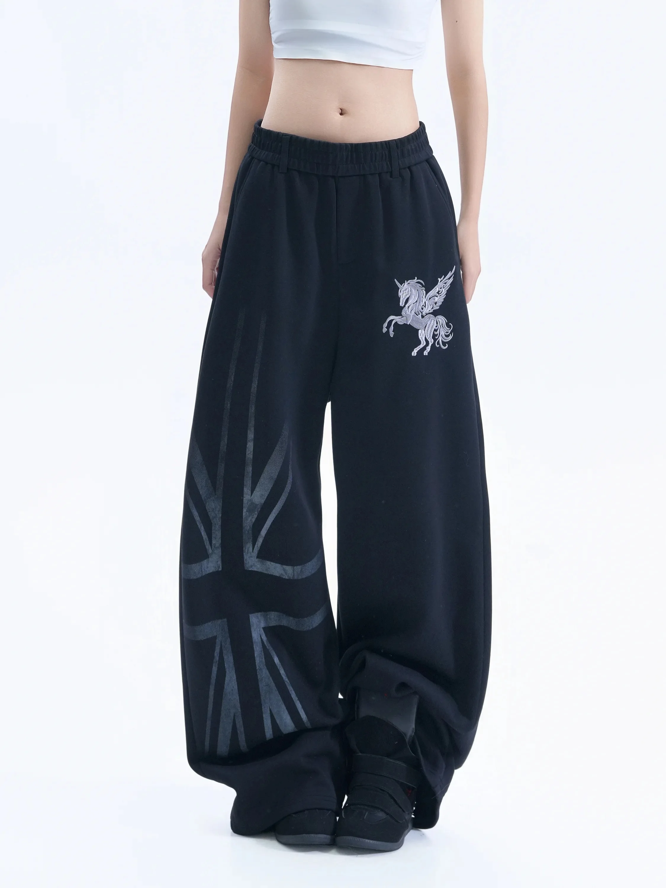 Women's Loose Wide Leg Sweatpants American Hip Hop Flying  Star Embroidery Floor-Length Pants Casual Cotton Blend