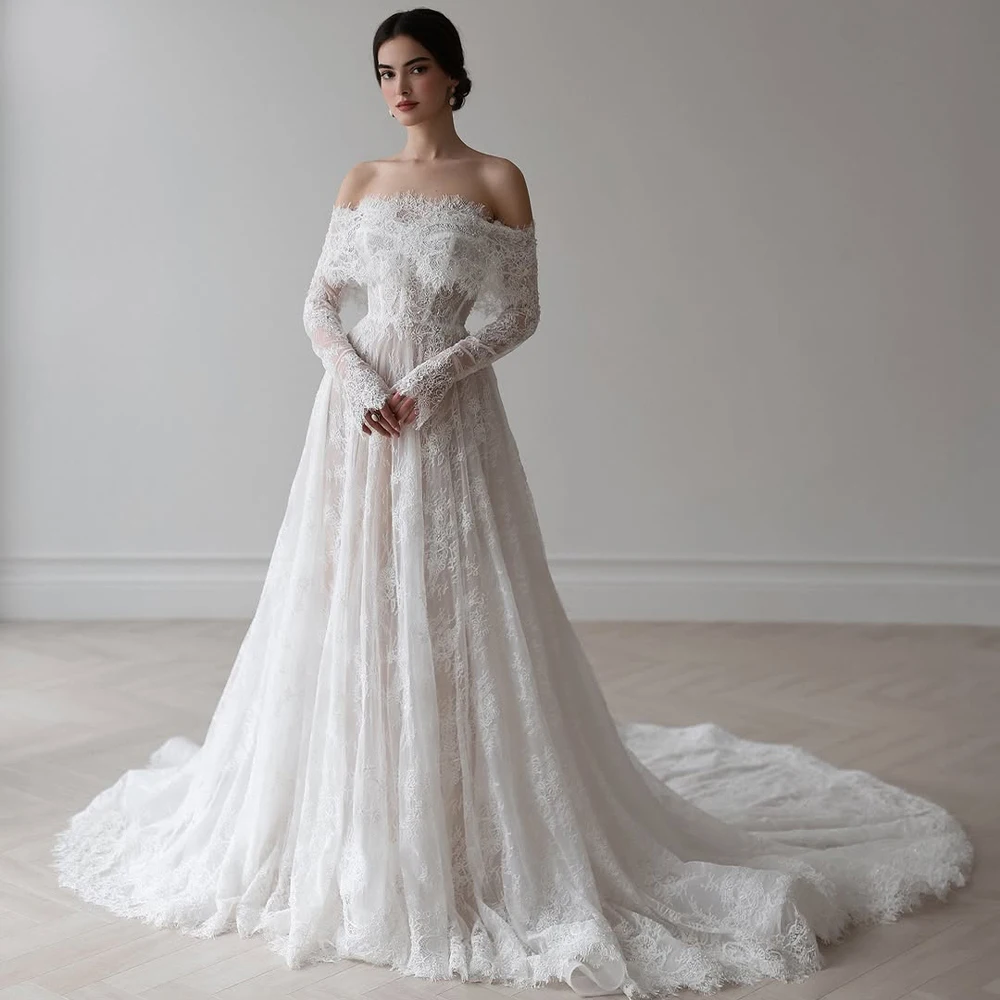 

Lace Weddings Dresses with Off Shoulder Long Sleeves A Line Sweep Train Bride Dress Summer White Church Bridal Gown Customized