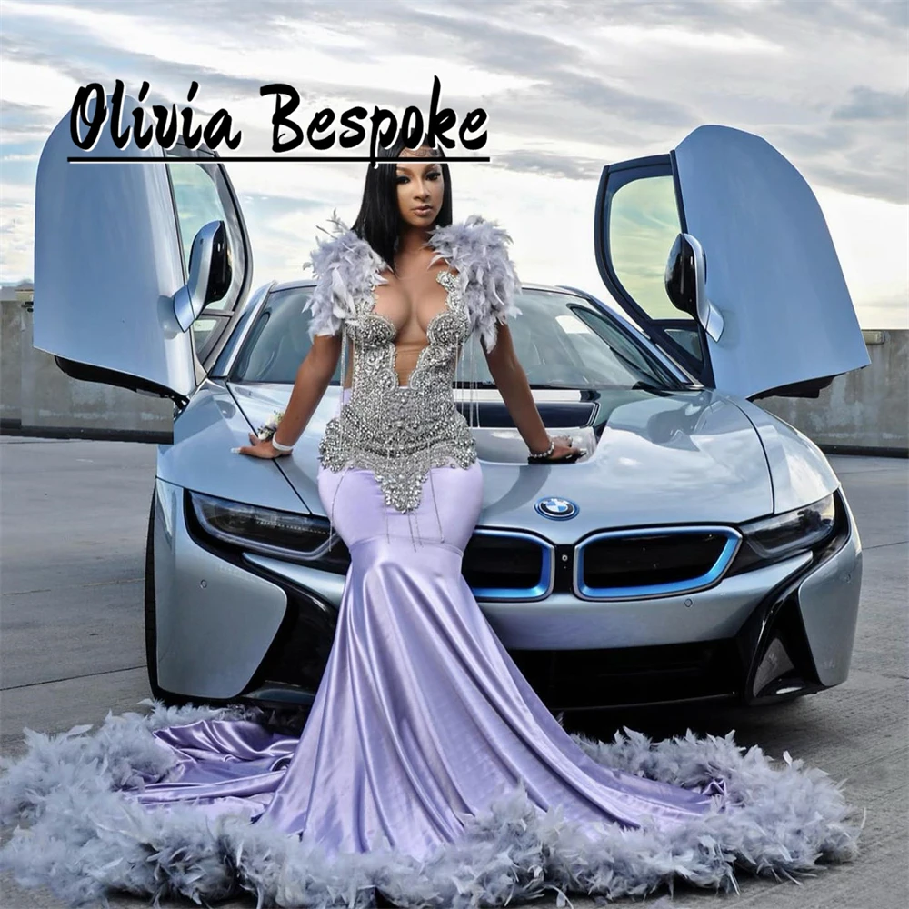 

Grey Feathers Light Purple Prom Dresses Sliver Tassels Crystal Beading Mermaid Birthday Dress Black Girl Luxury 2025 Customized