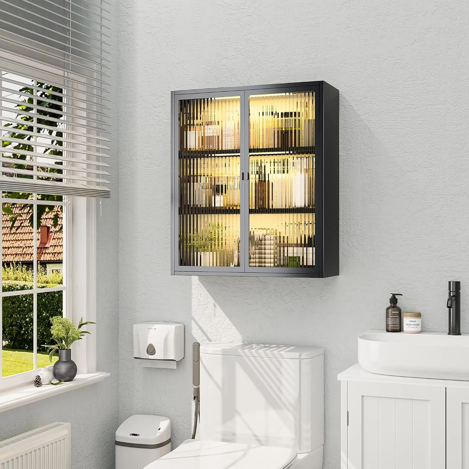 Bathroom Medicine Cabinet with Glass Doors & Sensor LED Lights, Over Toilet Bathroom Organizer, Customized image 2