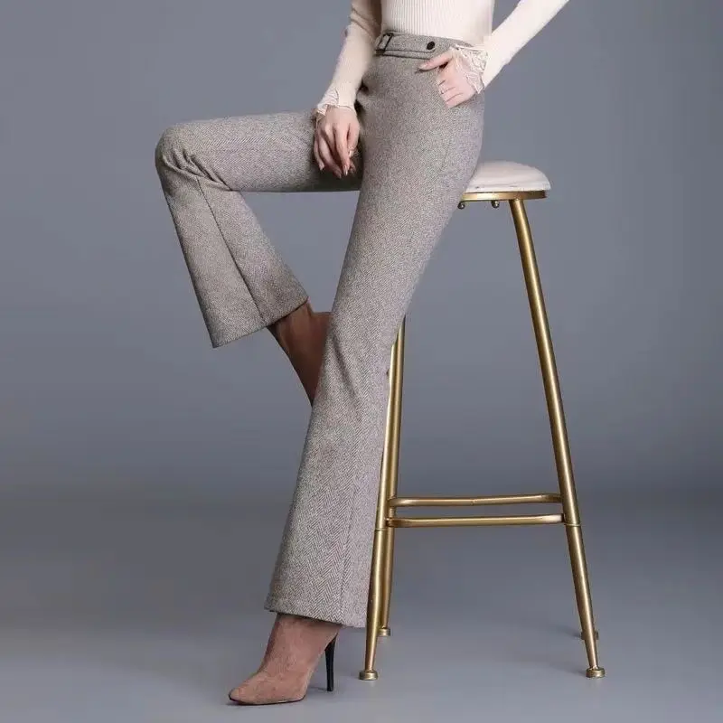 

Утолщенные шерстяные брюки с драпировкой, маленькие брюки с микроподтяжками, осенние и зимние новые тонкие расклешенные брюки с высокой талией, повседневные женские брюки