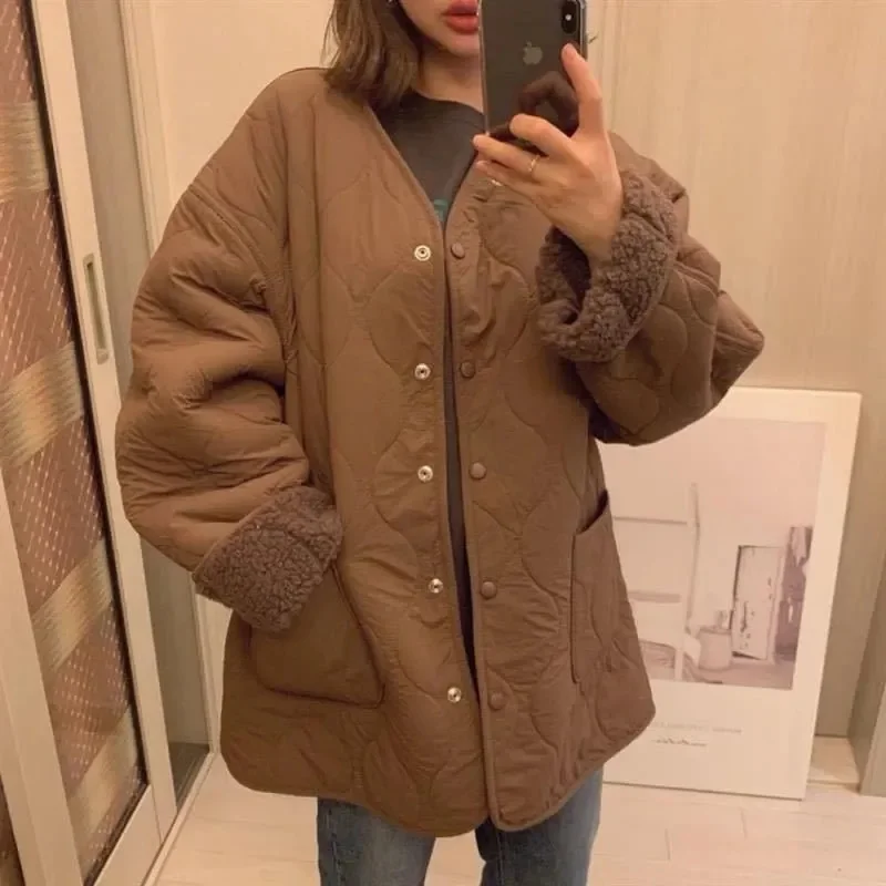 Cotton Jacket 2023 Autumn Winter Women New Fashion Simple Commuting Retro Patchwork Warm Cotton Wave Pattern Loose Cotton Jacket