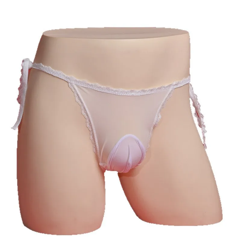 Men's Sexy Sheer Underwear Ultra-Thin Lace-Up Panties Separation Pouch Underpants Sissy Lingerie Transparent Low-Rise Briefs