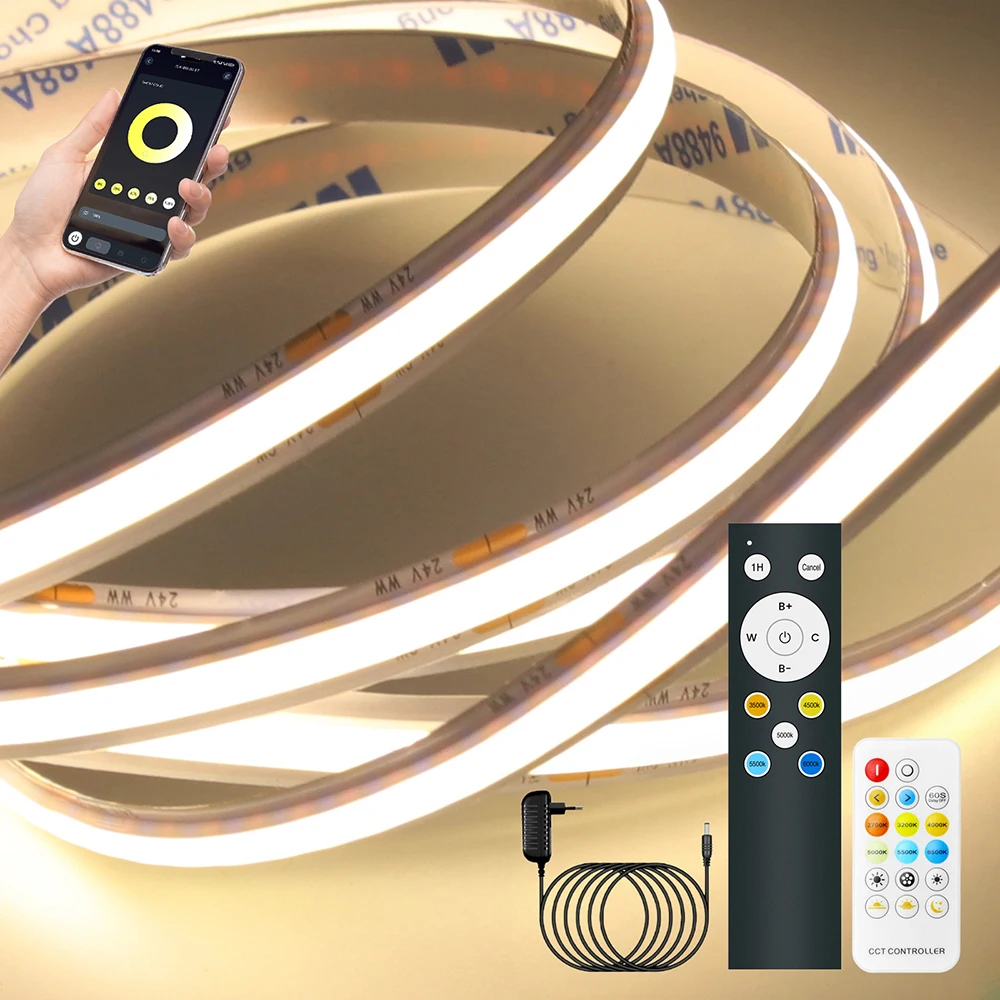 Dimmable White COB LED Strip Light 2700K 3200K 4000K 5000K 5500K 6500K 480 LEDs Flxe 24V Smart APP IR Remote EU US UK AU Power