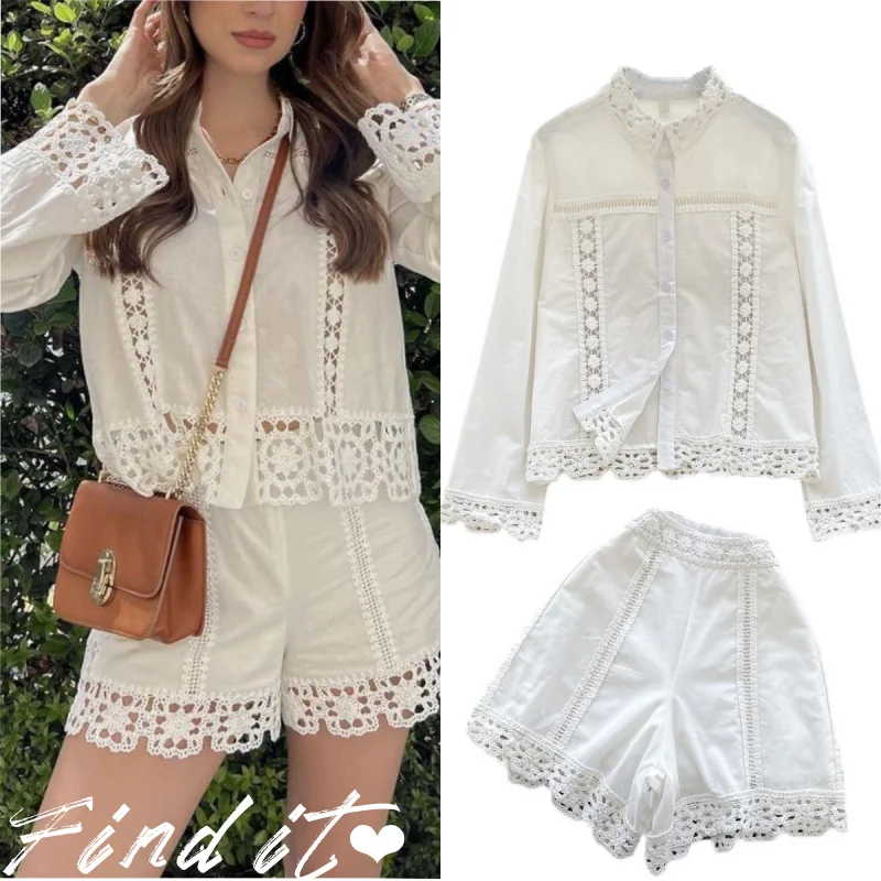 White Embroidered Hollow out Patchwork Belted Shirt High Waist Shorts Fashion Set Women's Cotton Breathable Button up Shirt