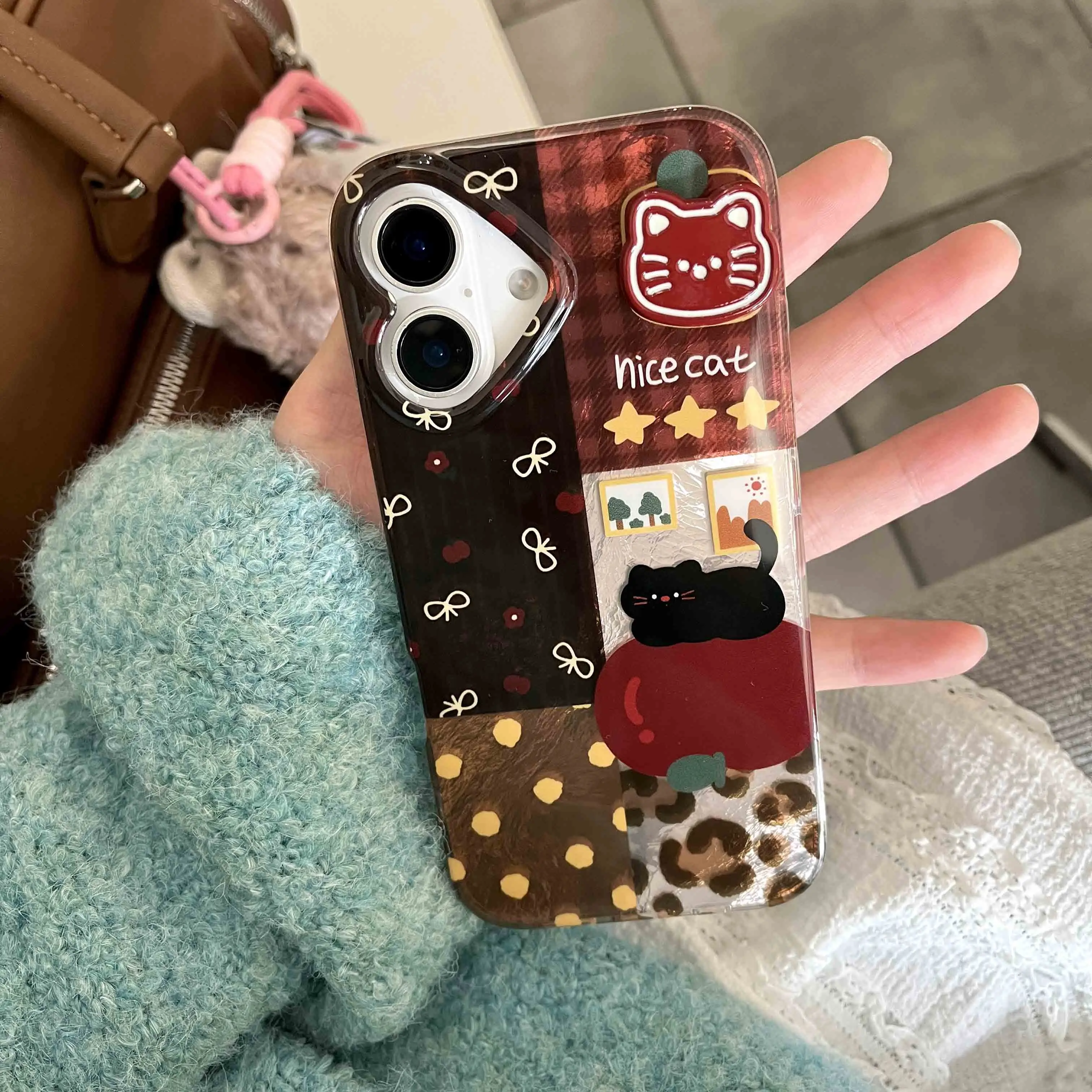 Leopard check points montage ins phone case for iphone 16Pro 14pro 15promax 13 14 15 16 pro max 13promax 3d cat vintage fundas