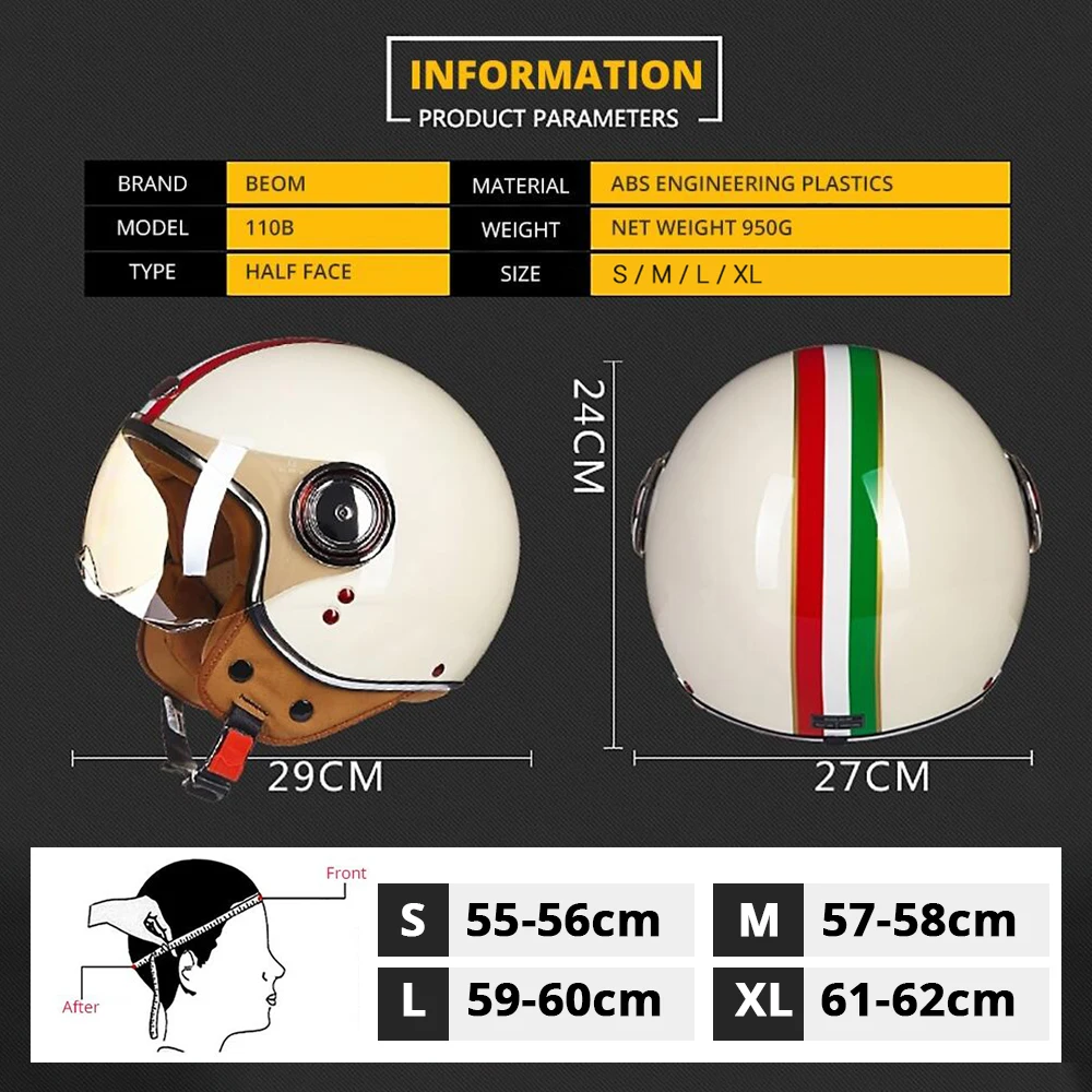 BEON Retro Vintage Motorcycle Helmet Men Women Motocross Helmet Open Face Scooter Biker Motorbike Racing Riding Helmet