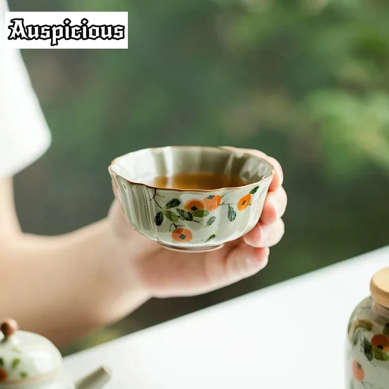 2pc/set Pure Hand-painted Persimmon Ceramic Tea Cup Creative Petal Cup Fragrant Master Cup Puer Tea Bowl Mug Kung Fu Teaset 75ml