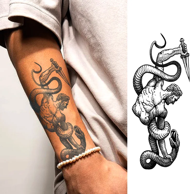 Herbal Tattoo Stickers: Snake-Slaying Warrior with Sword, Cool Men's Style Tattoo for Hands and Feet, Large Size Temporary Tattoo, Long-Lasting Waterproof for 15 Days